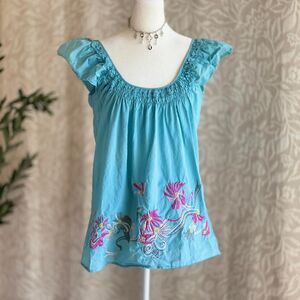 Vintage Y2K Charlotte Russe Blue Embroidered Cottagecore Peasant Blouse Size L